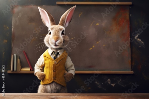 bunny in jacket and tie, standing under blackboard