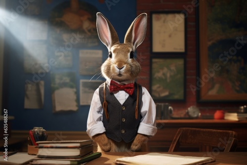 a rabbit standing by a table with a bow tie, behind a table of books