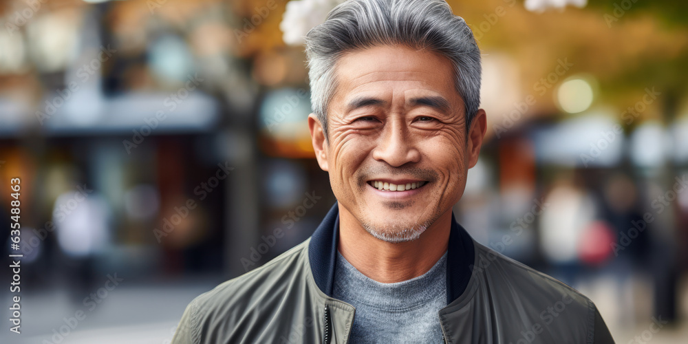 Fototapeta premium Smiling Senior: Close-Up Portrait of Asian Man Outdoors