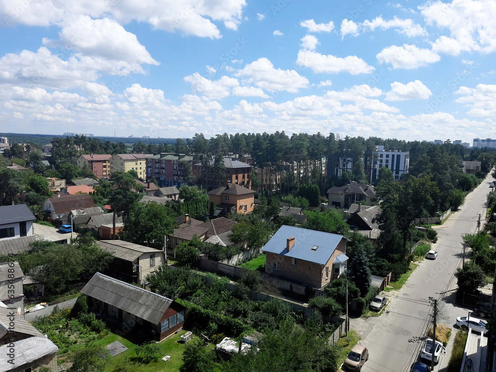 The beautiful city of Irpin. Private and multi-storey houses among pine forest. Kyiv Oblast, northern Ukraine