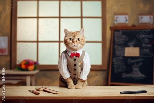 an orange cat dressed in a suit and tie standing at the table, in the style of japanese inspiration