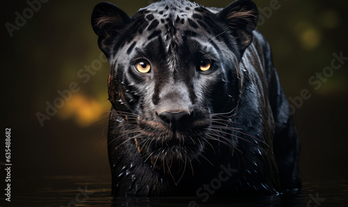 Powerful Panther in Nighttime Jungle: A powerful panther in a nighttime jungle, its eyes shining like stars photo