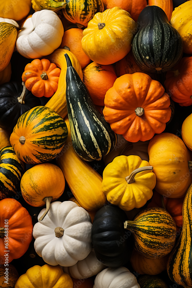 Colorful squashes in autumn agricultural market 