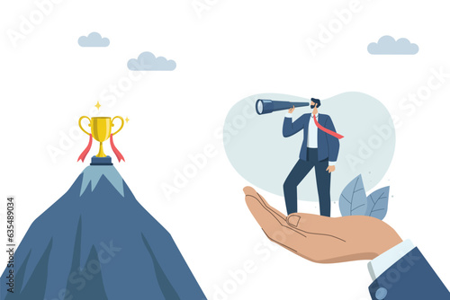 Business leader mentor or advice to employees or beginners, Business development successful organization, Businessman standing binoculars looking for trophies.
 Vector design illustration.