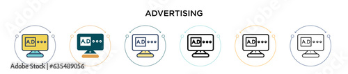 Advertising icon in filled, thin line, outline and stroke style. Vector illustration of two colored and black advertising vector icons designs can be used for mobile, ui, web