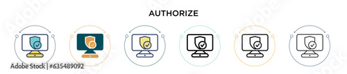 Authorize icon in filled, thin line, outline and stroke style. Vector illustration of two colored and black authorize vector icons designs can be used for mobile, ui, web