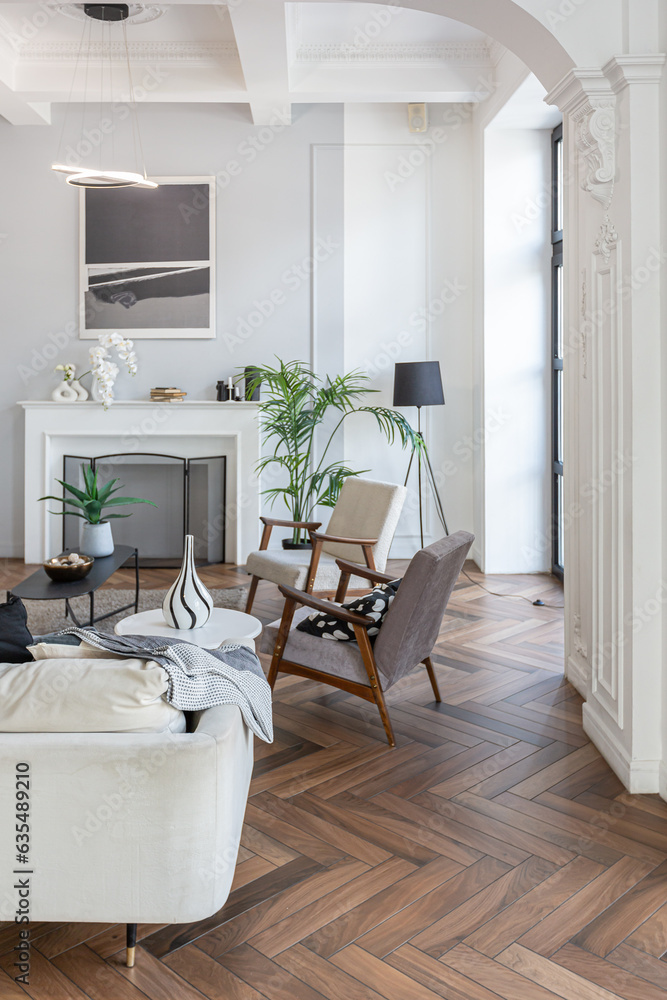 Fototapeta premium a chic expensive bright interior of a huge living room in a historic mansion with arched arches, columns and white walls decorated with ornaments and stucco.