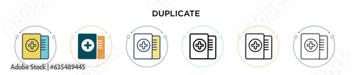 Duplicate icon in filled, thin line, outline and stroke style. Vector illustration of two colored and black duplicate vector icons designs can be used for mobile, ui, web