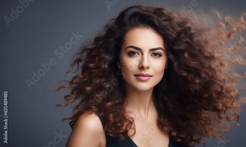 Profile Portrait of Beautiful Brunette Woman with Long Curly Hair Banner. Hair Flying in the Wind. Copy Space.
