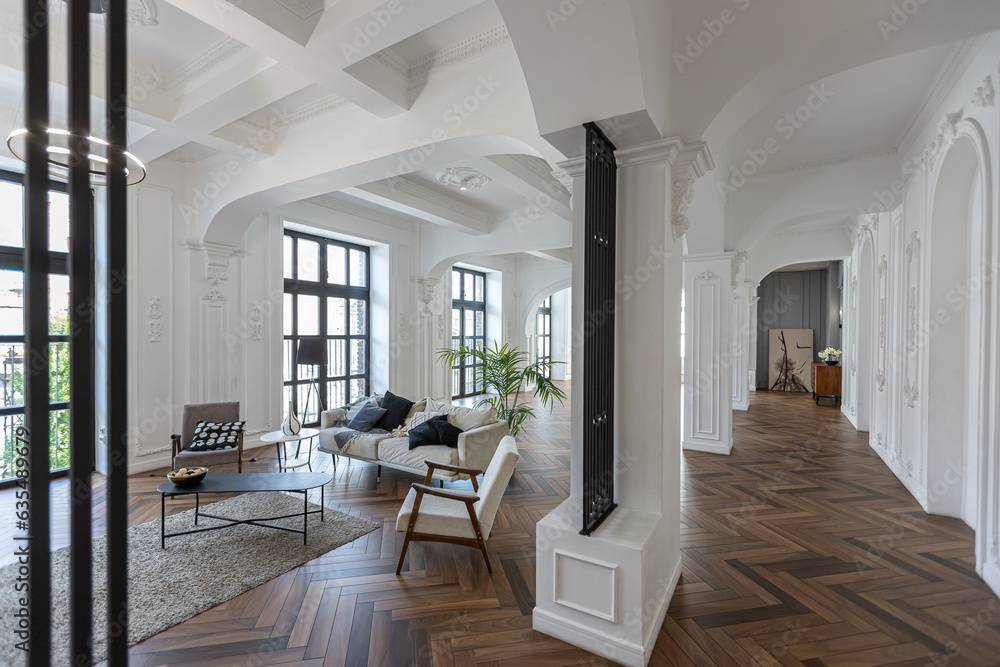 Obraz premium a chic expensive bright interior of a huge living room in a historic mansion with arched arches, columns and white walls decorated with ornaments and stucco.