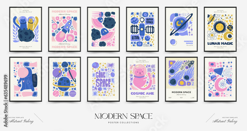 Abstract space and cosmos posters template. Modern trendy Matisse minimal style. Astronomy and Stellar decor. Hand drawn design for wallpaper, wall decor, print, postcard, cover, template, banner © KozyPlace