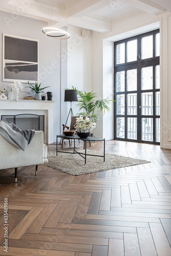 a chic expensive bright interior of a huge living room in a historic mansion with arched arches, columns and white walls decorated with ornaments and stucco.