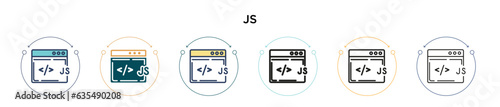 Js icon in filled, thin line, outline and stroke style. Vector illustration of two colored and black js vector icons designs can be used for mobile, ui, web