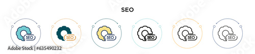 Seo icon in filled, thin line, outline and stroke style. Vector illustration of two colored and black seo vector icons designs can be used for mobile, ui, web