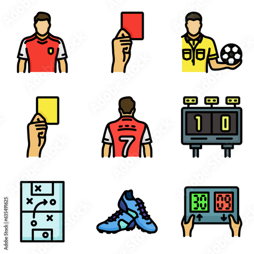 soccer icon set, in colored outline style, includes player, score, card, shoe, strategy, and referee. Suitable for use in sports and football needs.