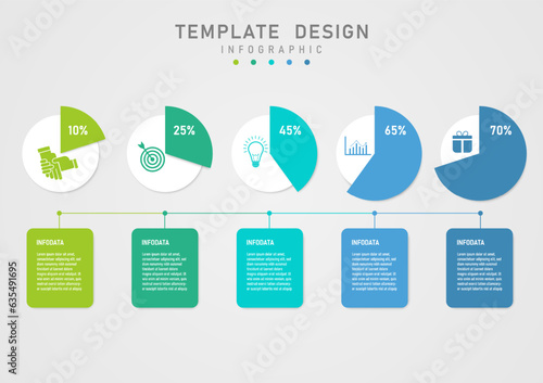 infographic template white circles with top icons and circles Divided into multi-colored sections with percentage numbers above. Below are multi-colored square frames with letters. 