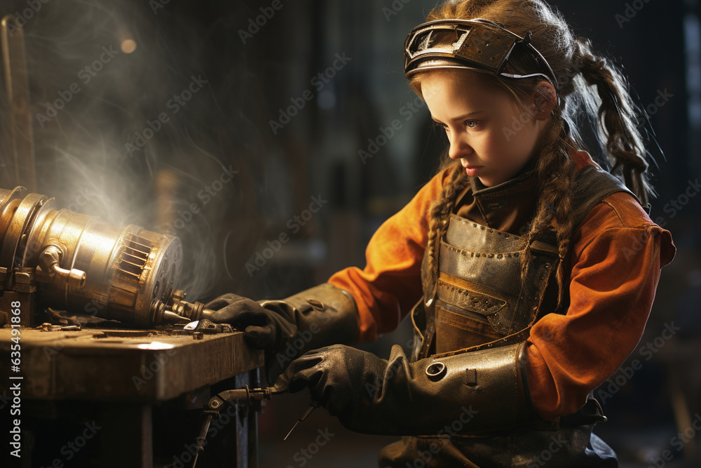 The striking image of a girl welder inspecting her work, her gloved hand resting on a freshly welded seam, a testament to her craftsmanship 