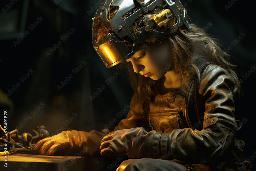 The striking image of a girl welder inspecting her work, her gloved hand resting on a freshly welded seam, a testament to her craftsmanship The striking image of a girl welder inspecting her work, her gloved hand resting on a freshly welded seam, a testament to her craftsmanship