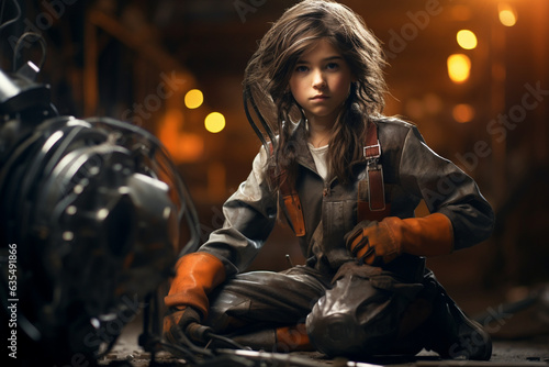 The inspirational image of a girl welder amidst a backdrop of industrial machinery, confidently proving that she is breaking barriers in her field  © Maksym