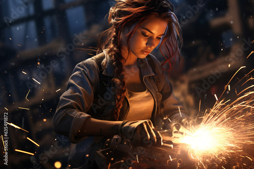 A dynamic scene of a girl welder in action, her welding torch casting a brilliant light as she skillfully joins metal pieces together 