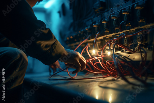 A close-up shot of a woman electrician's hands as she skillfully splices wires, her meticulous workmanship evident in every movement  photo