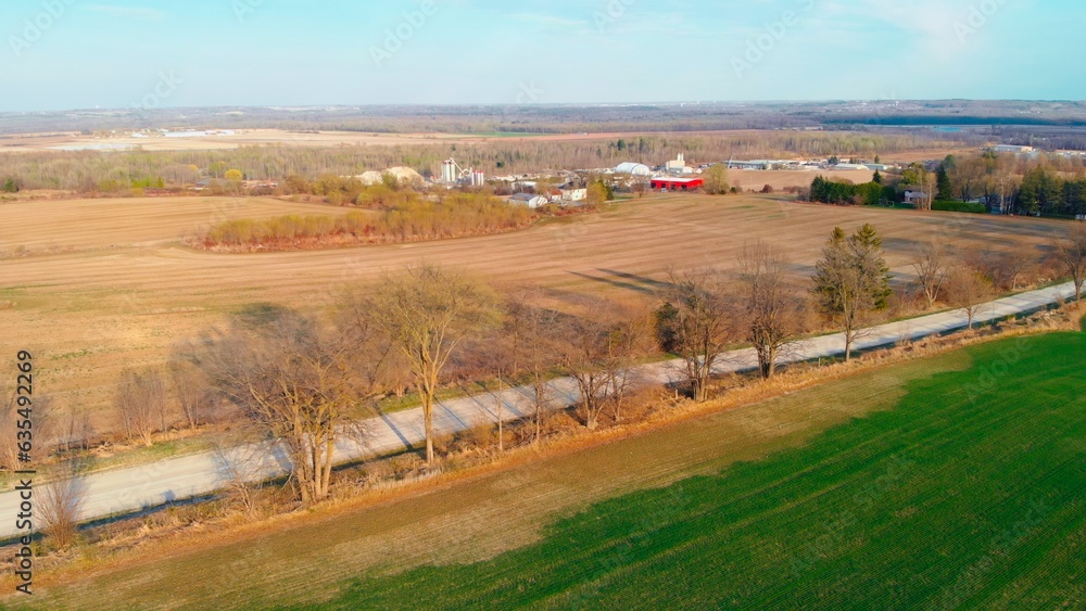 Cinematic Drone Shot: Soaring over the picturesque rural landscapes of the USA, the drone captures the breathtaking view as it glides above the expansive farmlands divided by a charming road