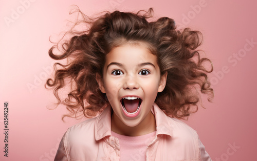 Child is Surprised and excited, opening eyes and mouth, Bright solid light color background. created by generative AI technology.