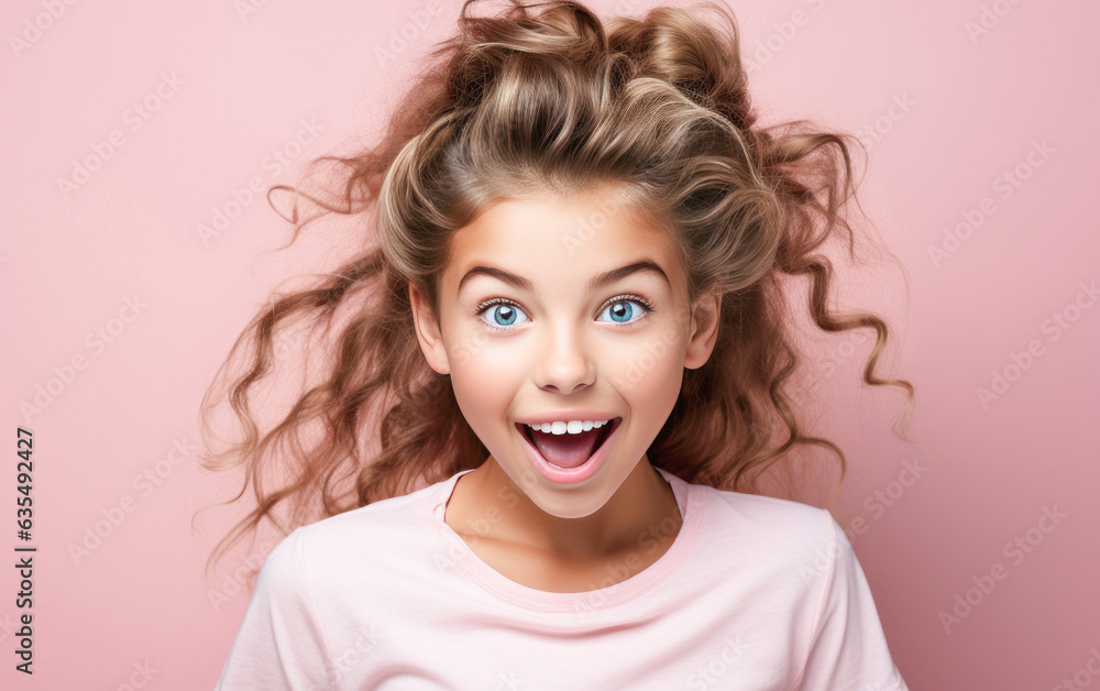 Child is Surprised and excited, opening eyes and mouth, Bright solid light color background. created by generative AI technology. Child is Surprised and excited, opening eyes and mouth, Bright solid light color background. created by generative AI technology.