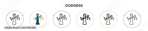 Goddess icon in filled, thin line, outline and stroke style. Vector illustration of two colored and black goddess vector icons designs can be used for mobile, ui, web
