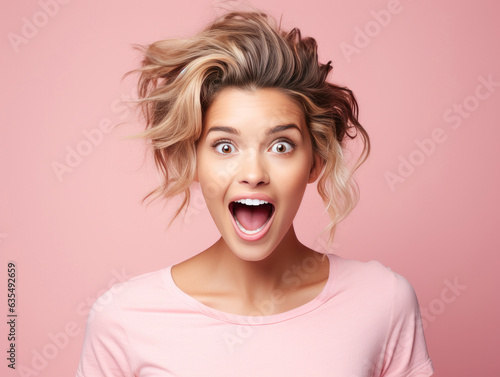 Young ultra beauty girl is Surprised and excited, opening eyes and mouth, Bright solid light color background. created by generative AI technology.