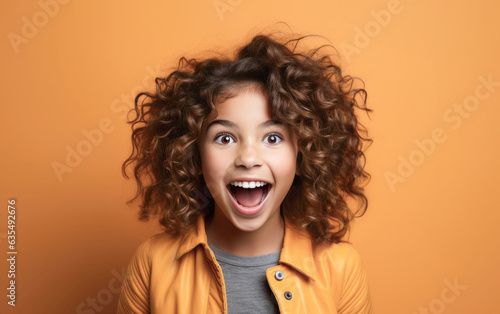 Child is Surprised and excited, opening eyes and mouth, Bright solid light color background. created by generative AI technology.