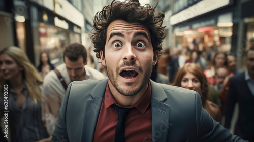 American businessman is Surprised and excited in Shopping mall, crowded people. created by generative AI technology.