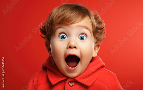 Baby is Surprised and excited, opening eyes and mouth, Bright solid light color background. created by generative AI technology.