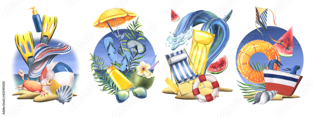 Set of summer illustrations, watercolor hand drawn with beach chairs, umbrellas, inflatable toys, palm branches, fruits and snorkeling equipment. Isolated objects on a white background.