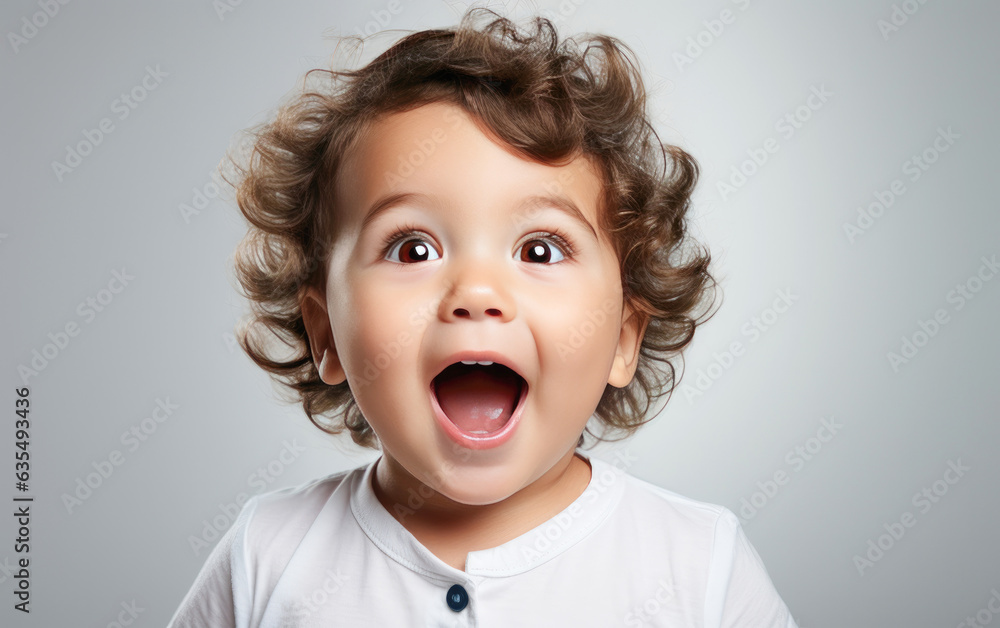 Baby is Surprised and excited, opening eyes and mouth, Bright solid light color background. created by generative AI technology. Baby is Surprised and excited, opening eyes and mouth, Bright solid light color background. created by generative AI technology.