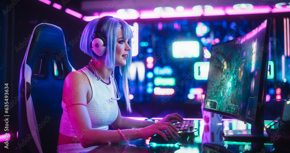 Professional Beautiful Female eSports Gamer Playing 3D Strategy Video Game with Modern Graphics on Her Computer. Stylish Futuristic Cyberpunk Gaming Neon Room with Cosplay Gamer Girl in Headphones Professional Beautiful Female eSports Gamer Playing 3D Strategy Video Game with Modern Graphics on Her Computer. Stylish Futuristic Cyberpunk Gaming Neon Room with Cosplay Gamer Girl in Headphones