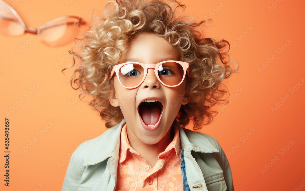 Child is Surprised and excited, opening eyes and mouth, Bright solid light color background. created by generative AI technology. Child is Surprised and excited, opening eyes and mouth, Bright solid light color background. created by generative AI technology.