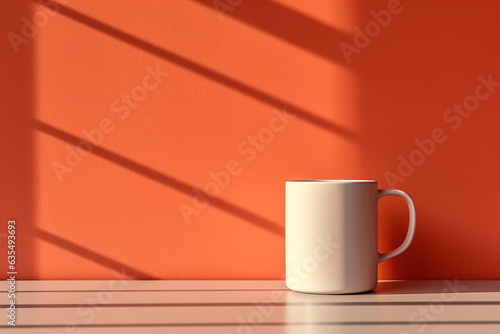 White mug mockup on orange wall background with shadow, minimalism with copy space