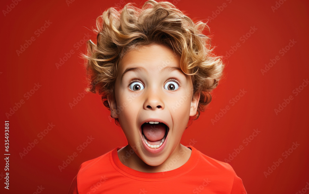 Child is Surprised and excited, opening eyes and mouth, Bright solid light color background. created by generative AI technology. Child is Surprised and excited, opening eyes and mouth, Bright solid light color background. created by generative AI technology.