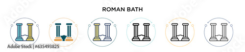 Roman bath icon in filled, thin line, outline and stroke style. Vector illustration of two colored and black roman bath vector icons designs can be used for mobile, ui, web