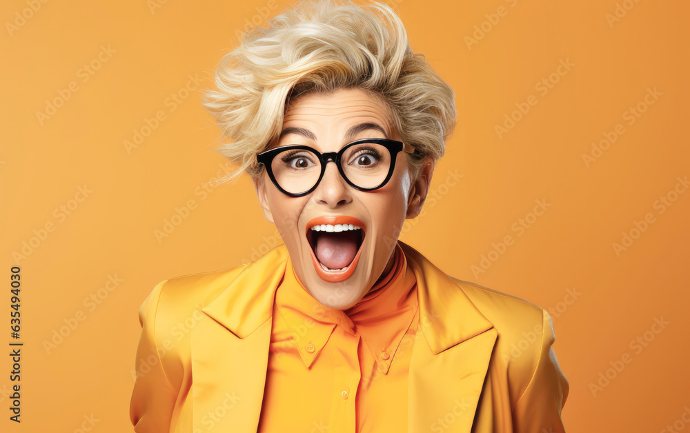 Old lady CEO Surprised and excited, opening eyes and mouth, Bright solid light color background. created by generative AI technology. Old lady CEO Surprised and excited, opening eyes and mouth, Bright solid light color background. created by generative AI technology.