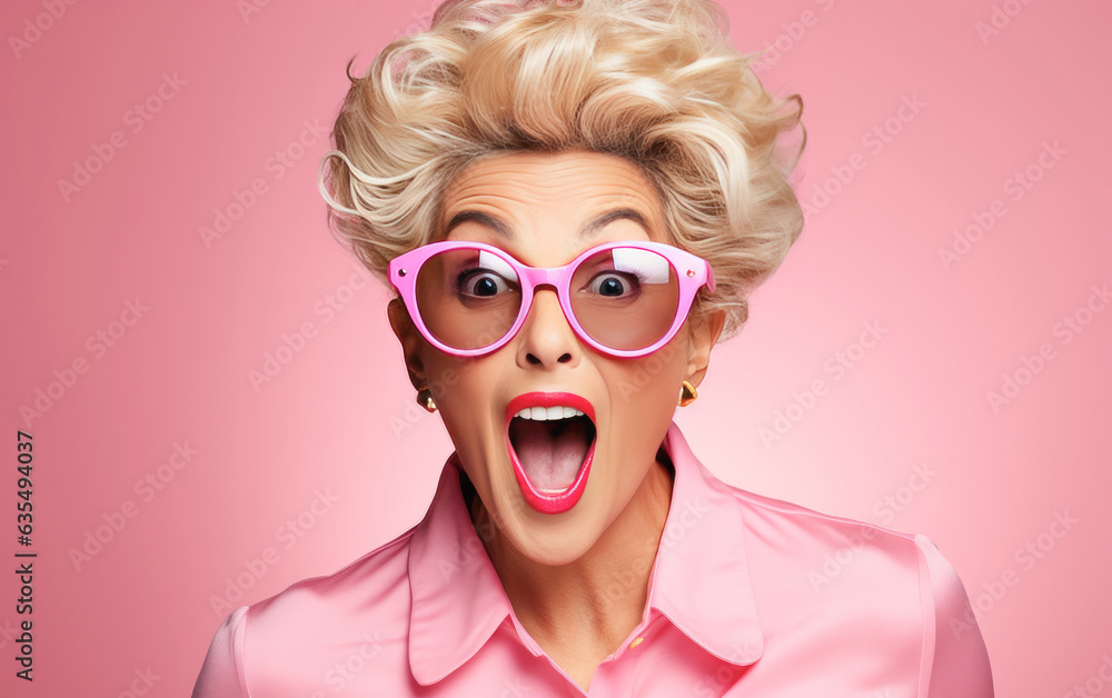 Old lady CEO Surprised and excited, opening eyes and mouth, Bright solid light color background. created by generative AI technology.