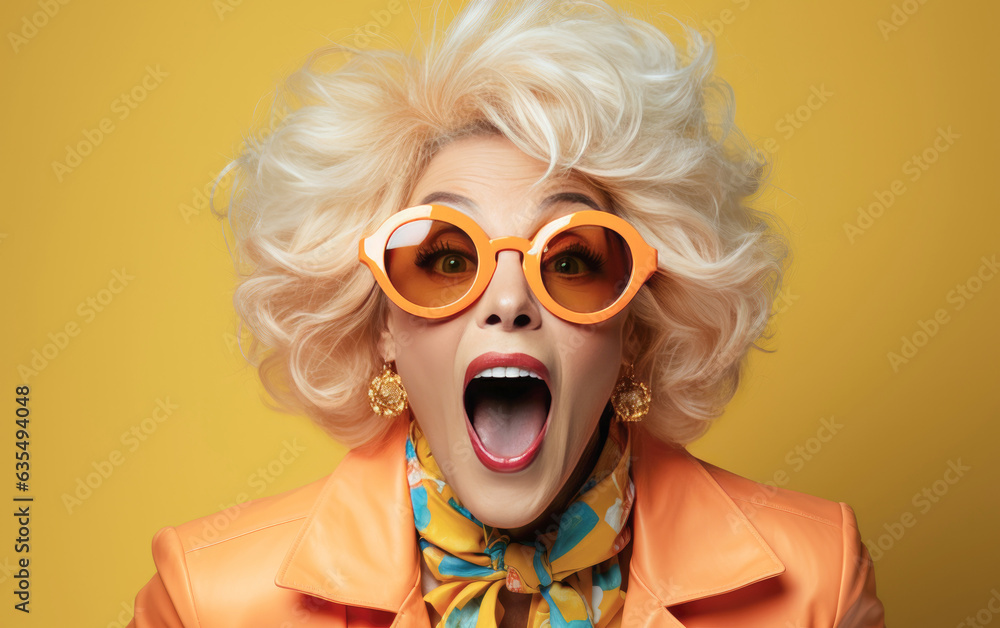 Old lady Surprised and excited, opening eyes and mouth, Bright solid light color background. created by generative AI technology. Old lady Surprised and excited, opening eyes and mouth, Bright solid light color background. created by generative AI technology.