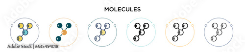 Molecules icon in filled, thin line, outline and stroke style. Vector illustration of two colored and black molecules vector icons designs can be used for mobile, ui, web