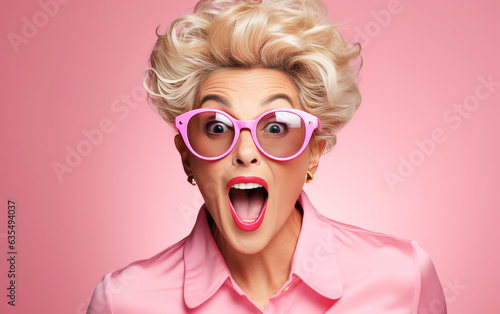 Old lady CEO Surprised and excited, opening eyes and mouth, Bright solid light color background. created by generative AI technology. © hakule
