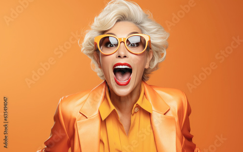 Old lady Surprised and excited, opening eyes and mouth, Bright solid light color background. created by generative AI technology. © hakule