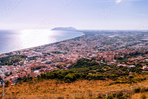 Panoramic sea landscape with Terracina, Lazio, Italy. Scenic resort town village with nice sand beach and clear blue water. Famous tourist destination in Riviera de Ulisse photo