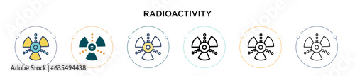 Radioactivity icon in filled, thin line, outline and stroke style. Vector illustration of two colored and black radioactivity vector icons designs can be used for mobile, ui, web