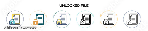 Unlocked file icon in filled, thin line, outline and stroke style. Vector illustration of two colored and black unlocked file vector icons designs can be used for mobile, ui, web