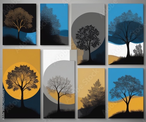 Silhouettes of beautiful plants on canvas.Gold, black, blue and gray colors. Interior painting. Beautiful background © Cyber and background